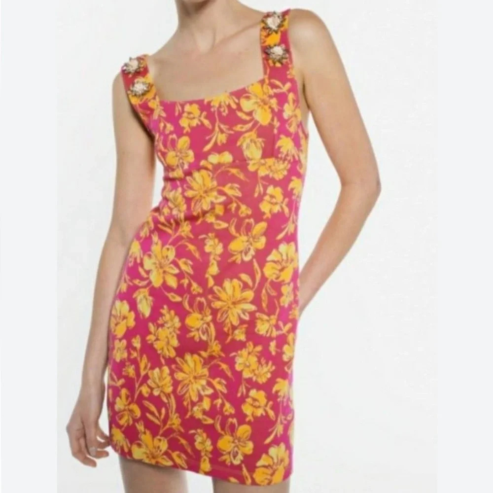 Zara Pink Yellow Floral Knot Sleeveless Dress Stretchy Size‎ Medium